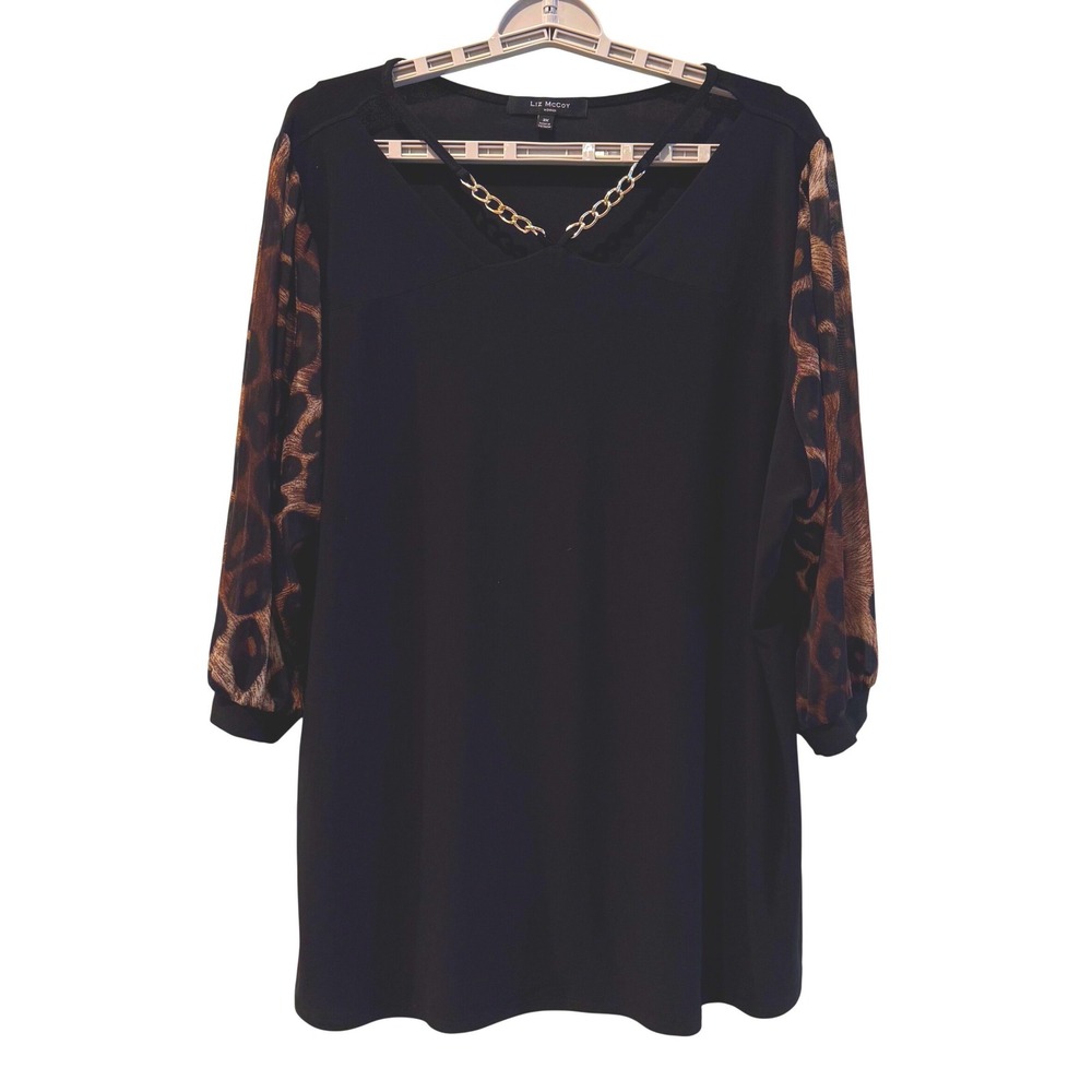Liz McCoy Blouse Black Leopard Sheer Mesh Sleeve Chain Neck Women 3X